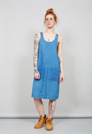 VINTAGE 90'S MID WASH DENIM PINAFORE MIDI DRESS