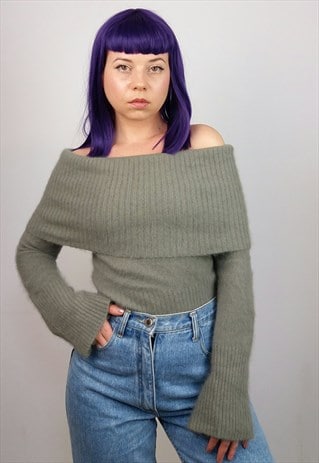 VINTAGE 90'S OFF THE SHOULDERS FLARED SLEEVES KNIT JUMPER