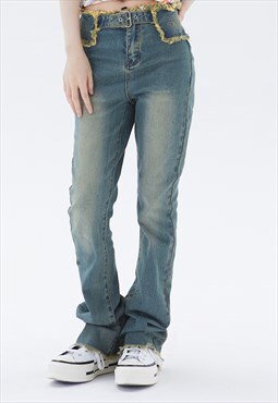 Distressed waist jeans retro wash ripped denim pants in blue