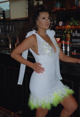 FAUX FEATHER MESH BOW MINI DRESS