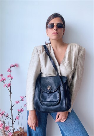 VINTAGE 90S BLACK REAL LEATHER SHOULDER BAG