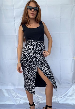 VINTAGE 90S ANIMALIER LONGUETTE HIGH WAIST SKIRT IN BLACK