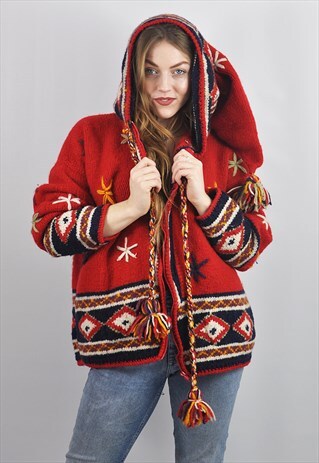 VINTAGE RED OVERSIZE HOODED CHUNKY CARDIGAN / JACKET