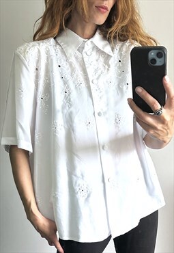  Monochrome White Embroidered Prairie Blouse / Shirt 