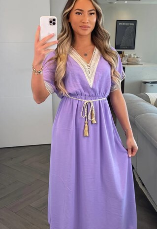 AALIYAH LILAC EMBROIDERED TRIM MAXI DRESS