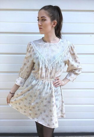 WOMENS VINTAGE 80S DRESS FLORAL LACE FLOATY PATTERNED DRESS