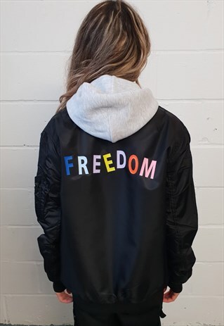 OVERSIZED BOMBER JACKET IN BLACK WITH FREEDOM PRINT