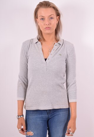 LACOSTE WOMENS VINTAGE POLO SHIRT 3/4 SLEEVE MEDIUM GREY 90S
