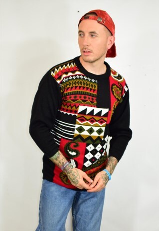 VINTAGE 90S BLACK PAISLEY PATTERN FUNKY JUMPER
