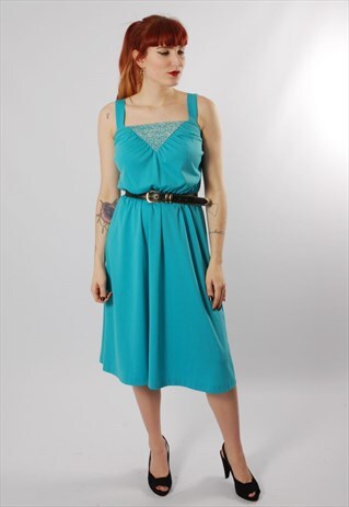 VINTAGE 70S TURQUOISE DISCO EVENING STRAP DRESS