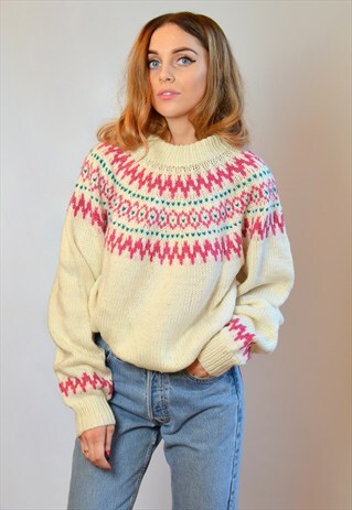 VINTAGE CREAM & PINK PATTERN OVERSIZED KNITTED JUMPER