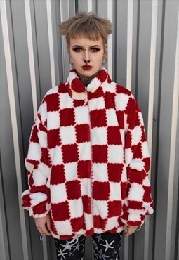 Reversible check fleece jacket handmade chess coat red
