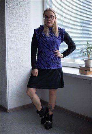 VINTAGE 80'S MIDI BLACK/PURPLE ANIMAL PRINT COTTON DRESS