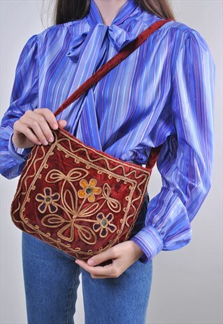 VINTAGE FLOWER EMBROIDERY RED BOHO SHOULDER HIPPIE BAG