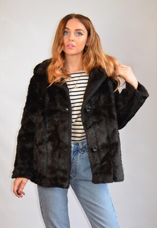 VINTAGE BLACK FAUX FUR CROPPED COAT