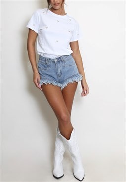 Heart Embroidered Round Neck T-Shirt In White 