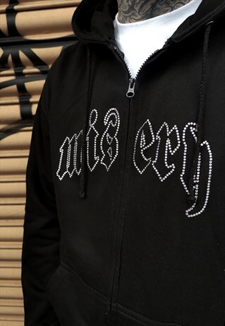 OLD ENGLISH RHINESTONE ZIP UP HOODIE IN JET BLACK