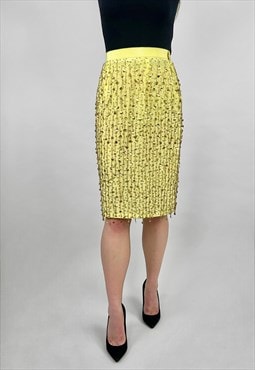 60's Vintage Ladies Yellow Gold Fringed Sequin Pencil Skirt