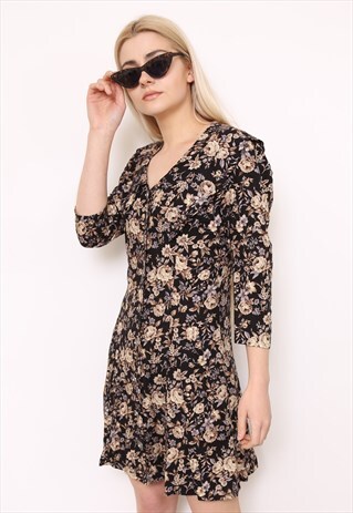 VINTAGE 90S DARK FLORAL PRINT LONG SLEEVE DRESS