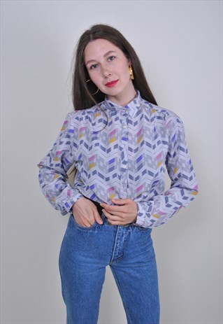 80S ABSTRACT PRINT SHIRT, GEOMETRIC PATTERN DISCO BLOUSE