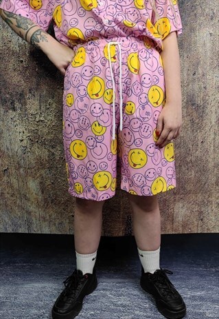 Emoji shorts smile print crop board overalls in pink yellow