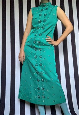 Vintage 60s maxi turquoise sleeveless evening dress UK10/12 