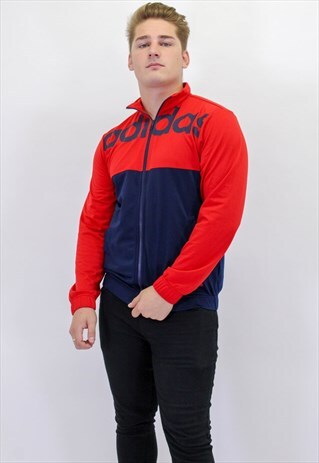 VINTAGE ADIDAS SPELL OUT JACKET IN BLUE AND RED