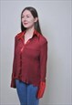 VINTAGE RED RIBBED PARTY BLOUSE, 90S BRIGHT COLLAR SHIRT 