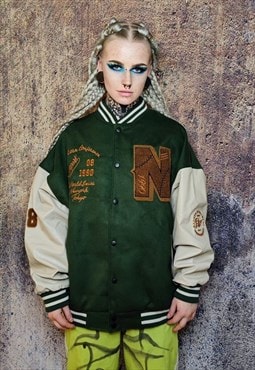 College baseball varsity jacket faux leather bomber in green