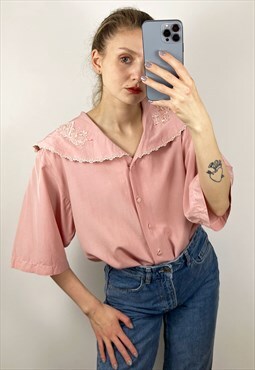 Embroidered Dusty pink blouse with wide collar, Cottagecore