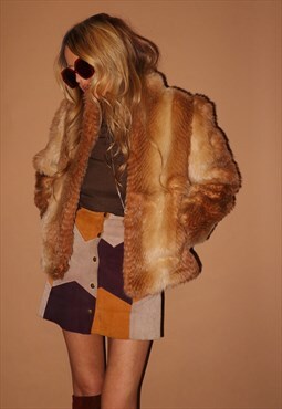 Vintage 70s ginger foxy chevron faux fur coat - small