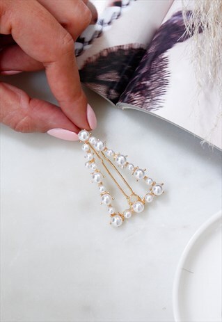 GOLD PEARL TRIANGLE BARRETTE HAIR CLIP PIN