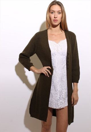 VINTAGE 1970'S 70'S OLIVE GREEN LONG SWEATER CARDIGAN S-M