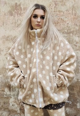 Polka dot fleece jacket handmade fluffy spot bomber cream