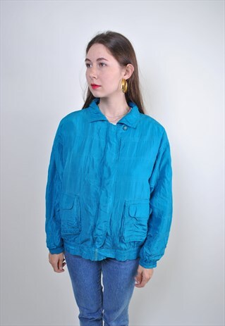 90S BLUE MINIMALIST WINDBREAKER, RAVE BOMBER JACKET, SIZE M