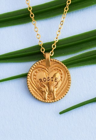 GOLD PERSONALISED NAME COIN HEART NECKLACE HANDMADE