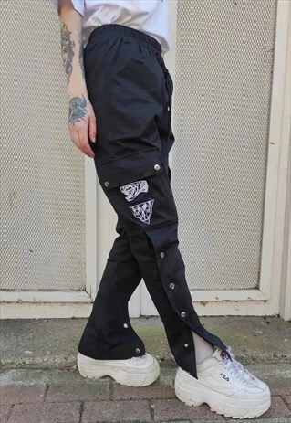 SIDE CLIP ON OVERALLS EMBROIDERED CARGO POCKET JOGGERS BLACK