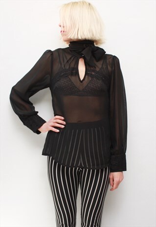 VINTAGE 90' ELEGANT TRANSPARENT BLACK BLOUSE WITH SCARF