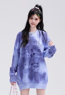 Tie-dye sweater knitted grunge jumper teddy bear cartoon top