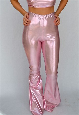 PINK METALLIC HIGH WAISTED FLARE TROUSERS