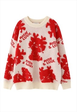 Monster print sweater dragon jumper knitted fluffy top cream