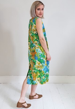 VINTAGE 60'S GREEN AND BLUE FLORAL SHIFT DRESS