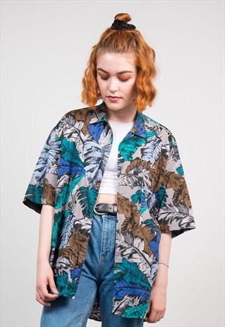 VINTAGE 90'S LEAF PATTERN BRIGHT SHORT SLEEVE SHIRT