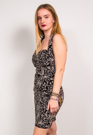 VINTAGE 90'S BLACK & WHITE VELVET FLORAL HALTERNECK DRESS