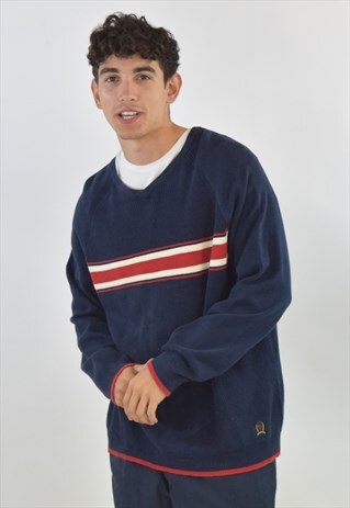 VINTAGE 90S NAVY BLUE RED TOMMY HILFIGER KNIT JUMPER