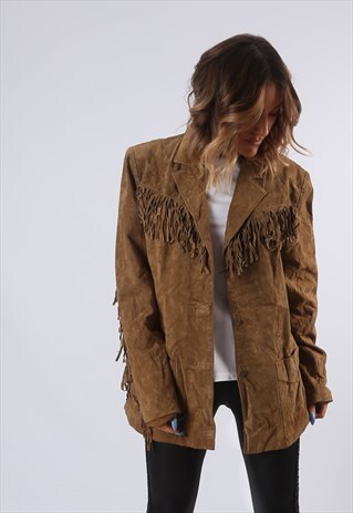 TASSEL FRINGE SUEDE LEATHER JACKET UK 18 (B61H)
