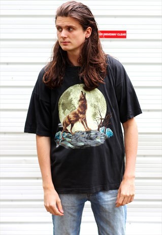 1990'S VINTAGE BLACK GRAPHIC HOWLING MOON PRINT T-SHIRT