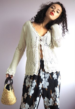 VINTAGE 90'S BEIGE SHEER KNIT OVERSIZE SWEATER CARDIGAN