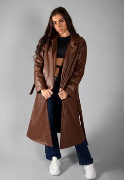 Brown Longline Belted Leather Jacket 