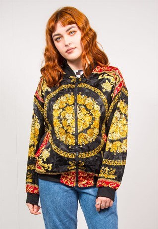 VINTAGE 90'S BLACK & GOLD BAROQUE FLORAL SILKY BOMBER JACKET